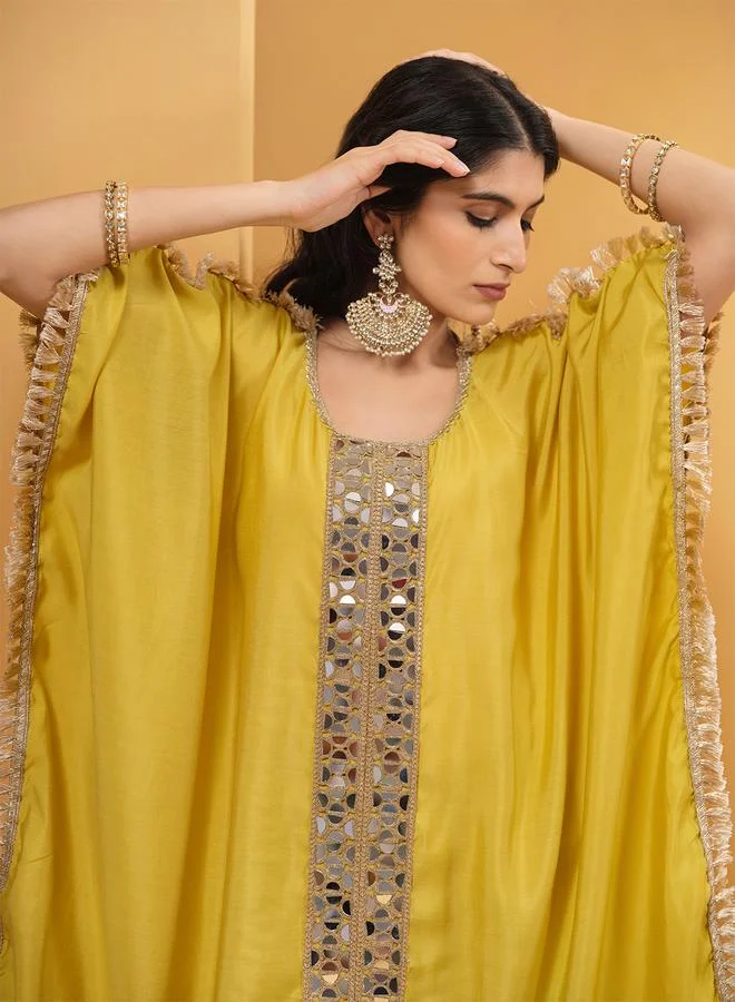 ISHIN Women's Yellow Viscose Silk Embellished A-Line Kaftan Upperwear Calf Length Palazzo Bottomwear Flowy 2 Peice Kurta Set