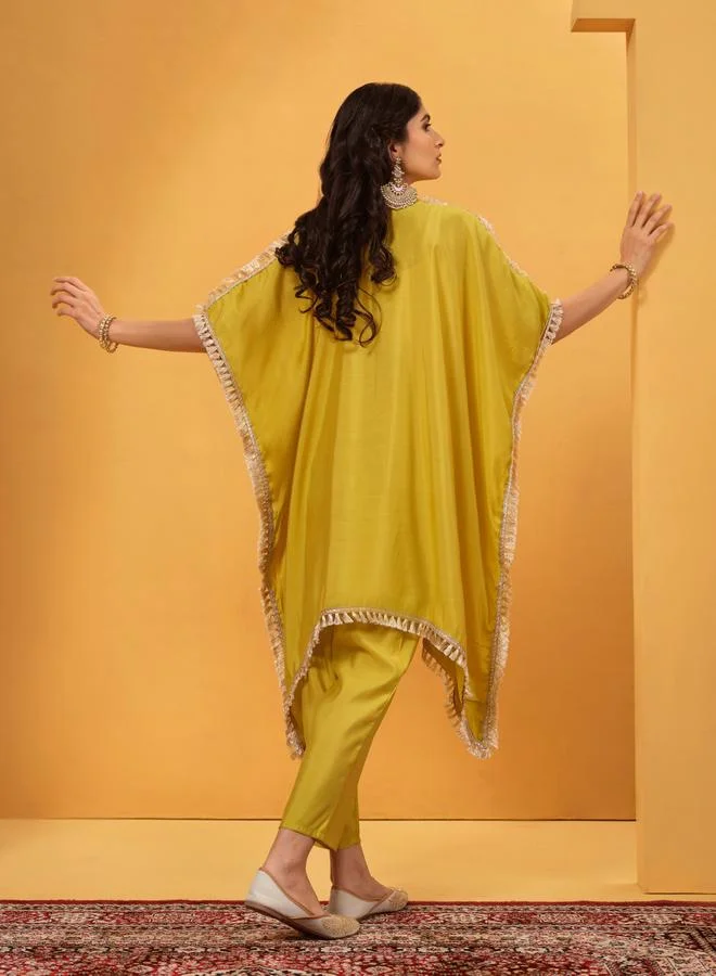 ISHIN Women's Yellow Viscose Silk Embellished A-Line Kaftan Upperwear Calf Length Palazzo Bottomwear Flowy 2 Peice Kurta Set