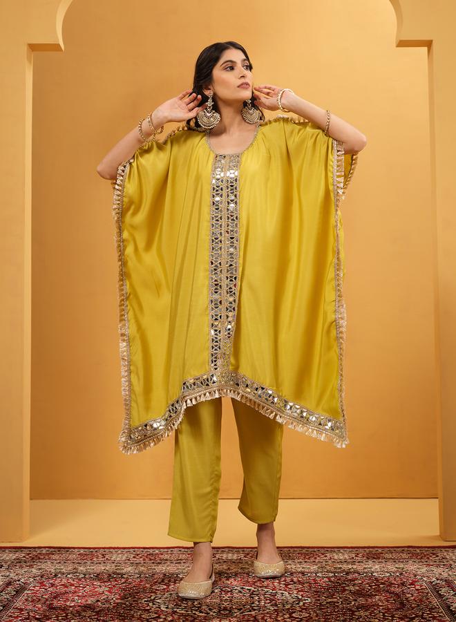 ISHIN Women's Yellow Viscose Silk Embellished A-Line Kaftan Upperwear Calf Length Palazzo Bottomwear Flowy 2 Peice Kurta Set - Image 1