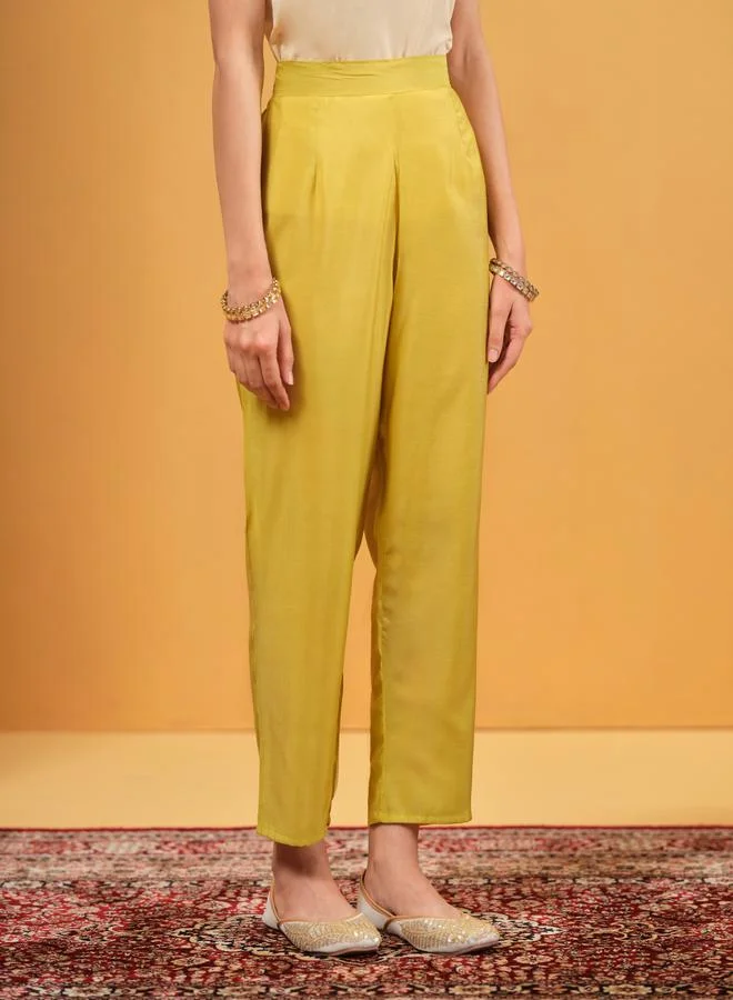 ISHIN Women's Yellow Viscose Silk Embellished A-Line Kaftan Upperwear Calf Length Palazzo Bottomwear Flowy 2 Peice Kurta Set
