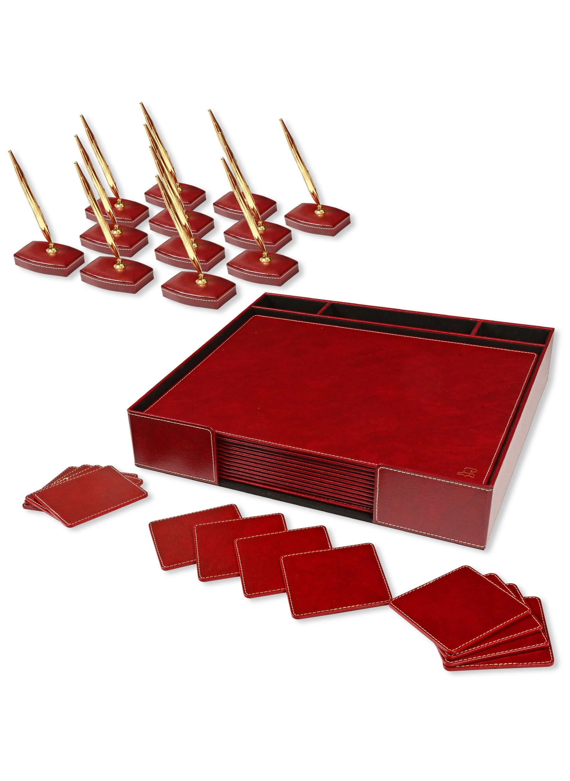 FIS FIS Executive Conference Room Set of Bonded Leather Desk Blotter, Coaster and Pen Holder with Pen - Maroon - FSDSCONFRSETMR 