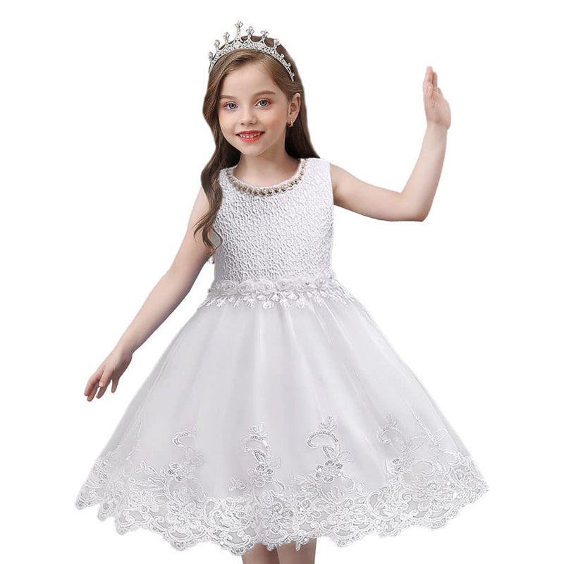 DreamHigh Flower Girl's Floral-Embroidered Pearl Embellished Evening Dress Up White- 8Y - Image 2