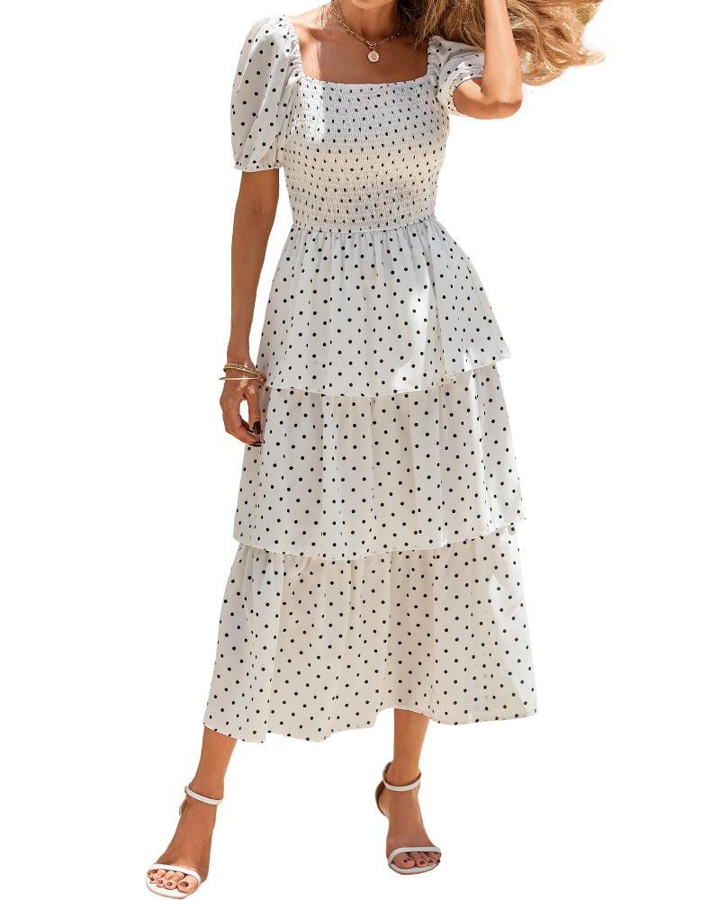 BTFBM Womens Square Neck Smocked Dress Summer Puff Short Sleeve Floral Casual Ruffle Tiered Maxi Wedding Guest Dresses(Dot White Black, Small) - Image 1