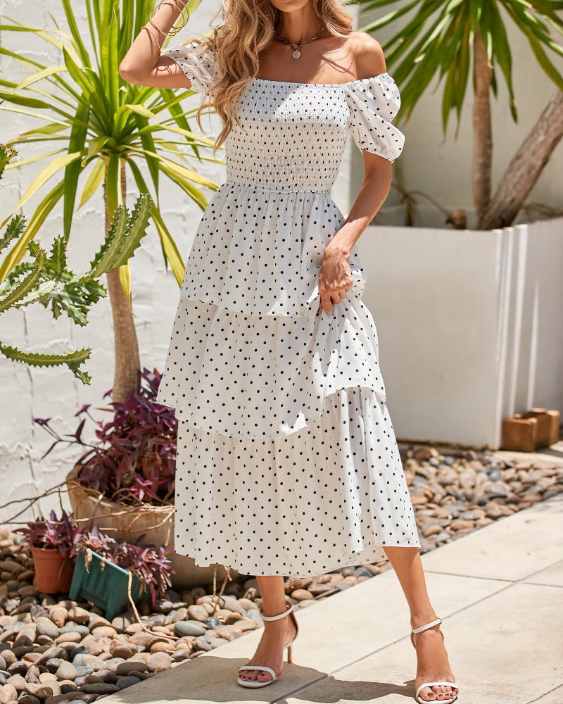 BTFBM Womens Square Neck Smocked Dress Summer Puff Short Sleeve Floral Casual Ruffle Tiered Maxi Wedding Guest Dresses(Dot White Black, Small) - Image 4