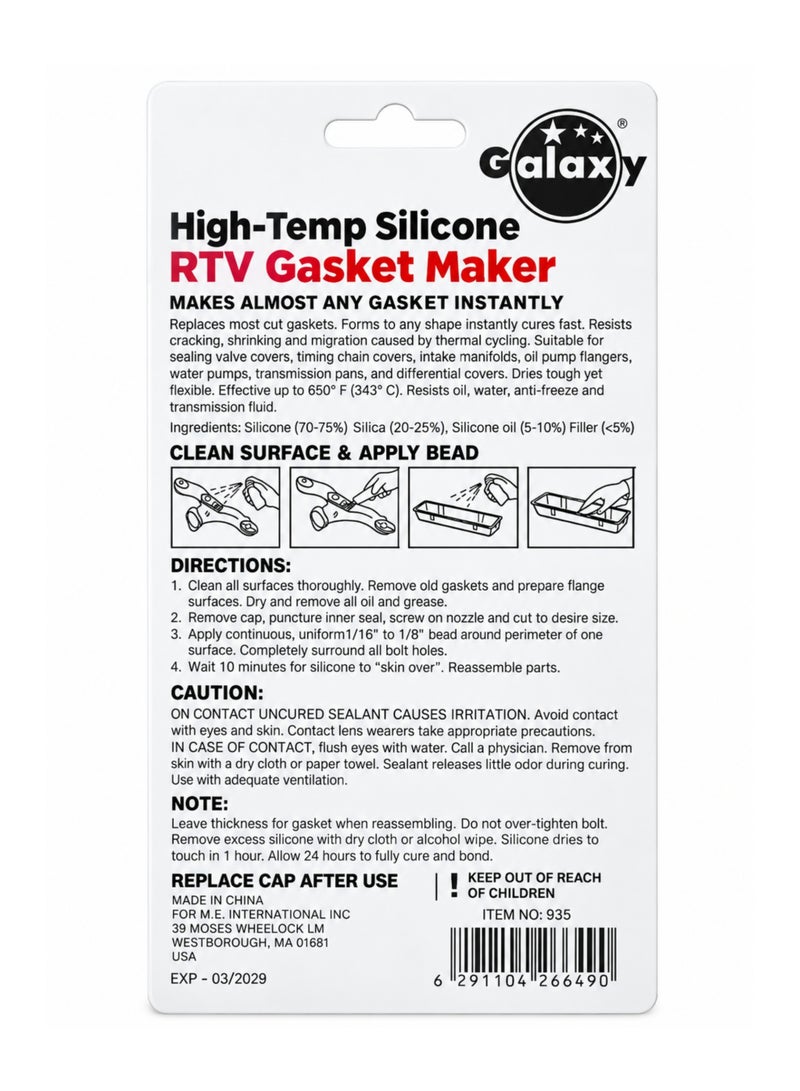 Galaxy High-Temp Red RTV Silicone Gasket Maker 85g, Non-Acetic Silicone Sealant, Flexible & Pressure Resistant Gasket Maker for Automotive Engines, Valve Covers, Oil Pans, Water Pumps & Flanges - Image 3