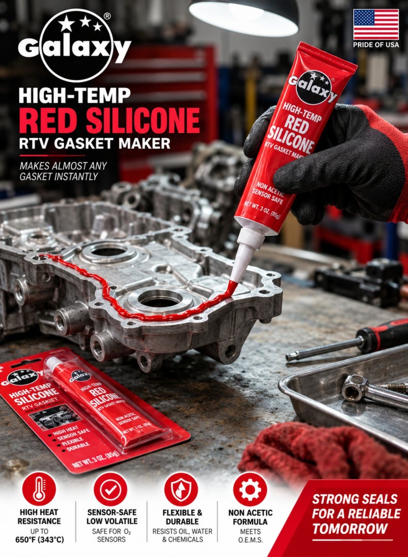 Galaxy High-Temp Red RTV Silicone Gasket Maker 85g, Non-Acetic Silicone Sealant, Flexible & Pressure Resistant Gasket Maker for Automotive Engines, Valve Covers, Oil Pans, Water Pumps & Flanges - Image 2