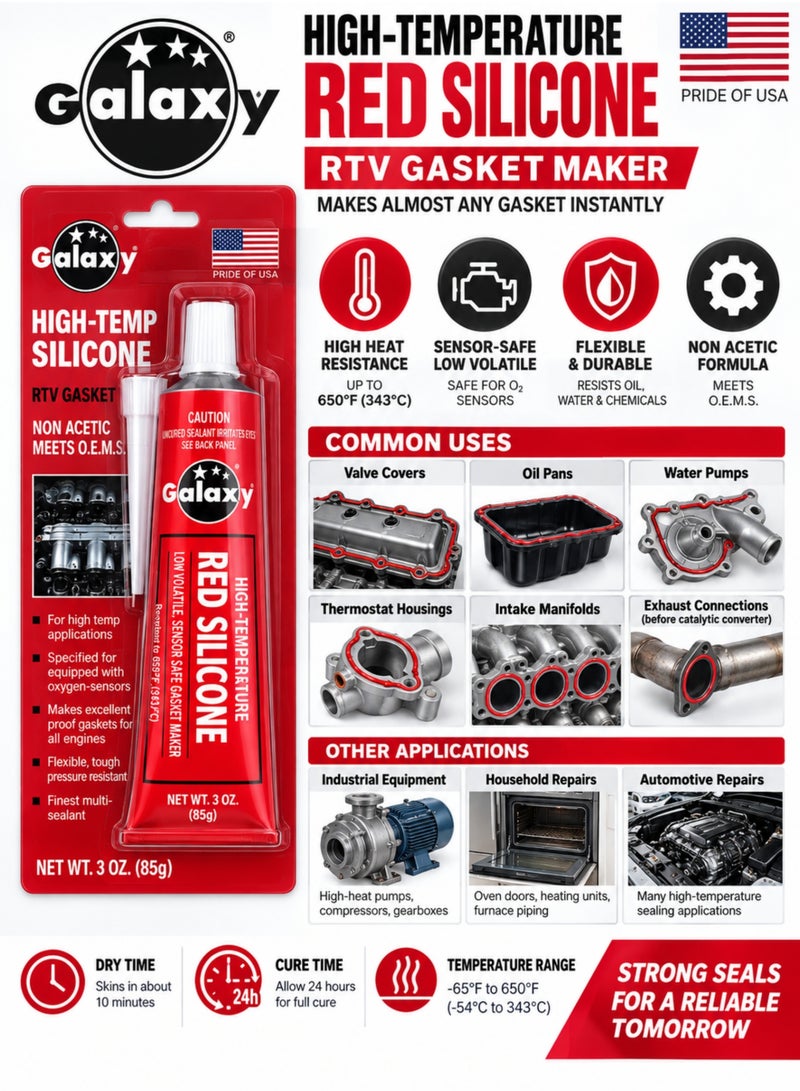 Galaxy High-Temp Red RTV Silicone Gasket Maker 85g, Non-Acetic Silicone Sealant, Flexible & Pressure Resistant Gasket Maker for Automotive Engines, Valve Covers, Oil Pans, Water Pumps & Flanges - Image 5