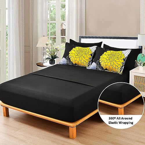 YIRAN Bed in a Bag Queen Yellow Black Comforter Set 7 Pieces Soft Microfiber Floral Boho Bedding Set with 1 Comforter 1 Flat Sheet 1 Fitted Sheet 2 Pillowshams 2 Pillowcases - Image 4