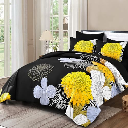 YIRAN Bed in a Bag Queen Yellow Black Comforter Set 7 Pieces Soft Microfiber Floral Boho Bedding Set with 1 Comforter 1 Flat Sheet 1 Fitted Sheet 2 Pillowshams 2 Pillowcases - Image 1