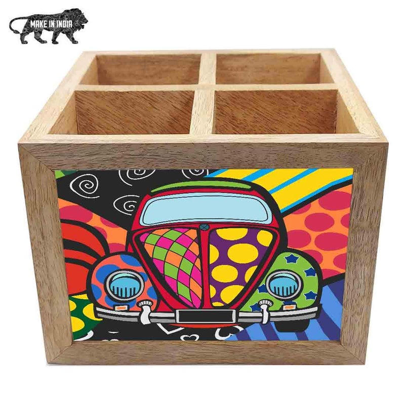 Nutcase Wooden Cutlery Stand Holder Silverware Caddy Spoons Forks Knives Organizer for Dining Table Kitchen Made in IndiaSpoons NOT Included Taxi Art - Image 5