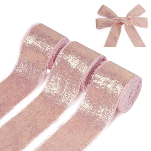 HASTHIP® 3 Rolls Ribbons for Gift Wrapping Bouquets, 5 Yards Metallic Glossing Fringe Ribbon Roll, 4cm Wide Silk-Feel Chiffon Ribbons for Decoration, DIY Craft, Valentines Day, Wedding Party Decor - Image 1