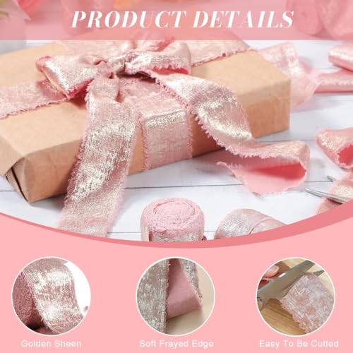 HASTHIP® 3 Rolls Ribbons for Gift Wrapping Bouquets, 5 Yards Metallic Glossing Fringe Ribbon Roll, 4cm Wide Silk-Feel Chiffon Ribbons for Decoration, DIY Craft, Valentines Day, Wedding Party Decor - Image 3
