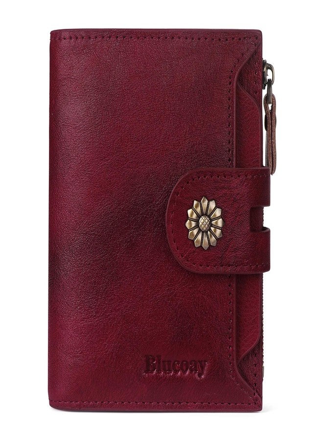 Blucoay Wallet Women,Leather Bifold Womens Wallet RFID Blocking Compact Card Holder Small Wallet with Removable ID Window, a6-red, Retro - Image 1