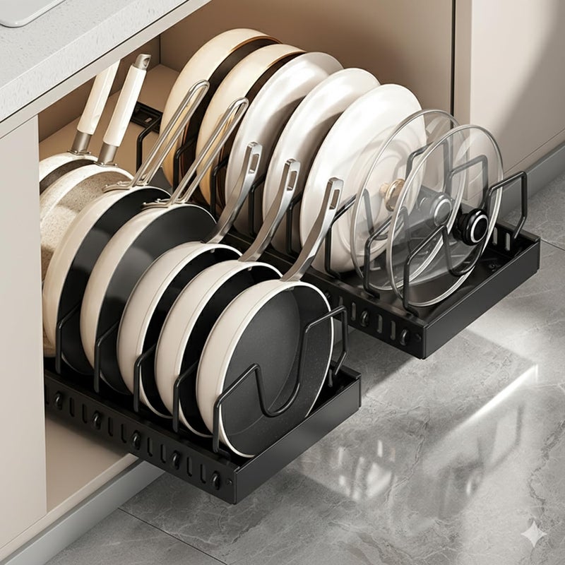 Mnftive pots and pans organizer under cabinet,pot lid organizers inside cabinet holders for kitchen,Horizontal and vertical pulling modes,cast iron storage (Black Vertical pull-out) - Image 1