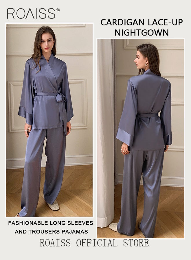 roaiss 2 Piece Women Loungewear Set Solid Color Tie Waist Cardigan Robe Top and Relaxed Fit Straight Leg Pants Multifunctional Home Set Versatile for both Home and Outdoor Wear - Image 4