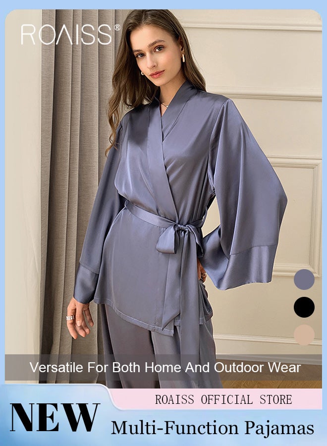 roaiss 2 Piece Women Loungewear Set Solid Color Tie Waist Cardigan Robe Top and Relaxed Fit Straight Leg Pants Multifunctional Home Set Versatile for both Home and Outdoor Wear - Image 3