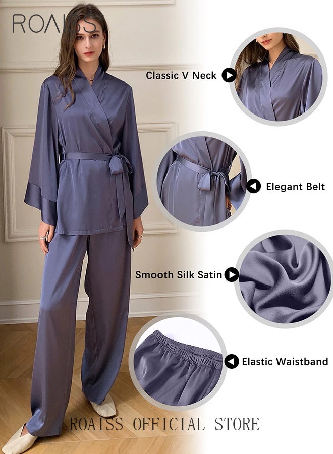 roaiss 2 Piece Women Loungewear Set Solid Color Tie Waist Cardigan Robe Top and Relaxed Fit Straight Leg Pants Multifunctional Home Set Versatile for both Home and Outdoor Wear - Image 5