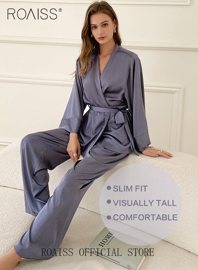 roaiss 2 Piece Women Loungewear Set Solid Color Tie Waist Cardigan Robe Top and Relaxed Fit Straight Leg Pants Multifunctional Home Set Versatile for both Home and Outdoor Wear - Image 1