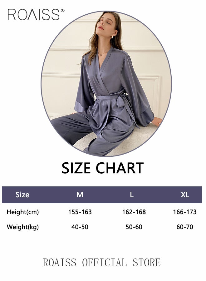 roaiss 2 Piece Women Loungewear Set Solid Color Tie Waist Cardigan Robe Top and Relaxed Fit Straight Leg Pants Multifunctional Home Set Versatile for both Home and Outdoor Wear - Image 2