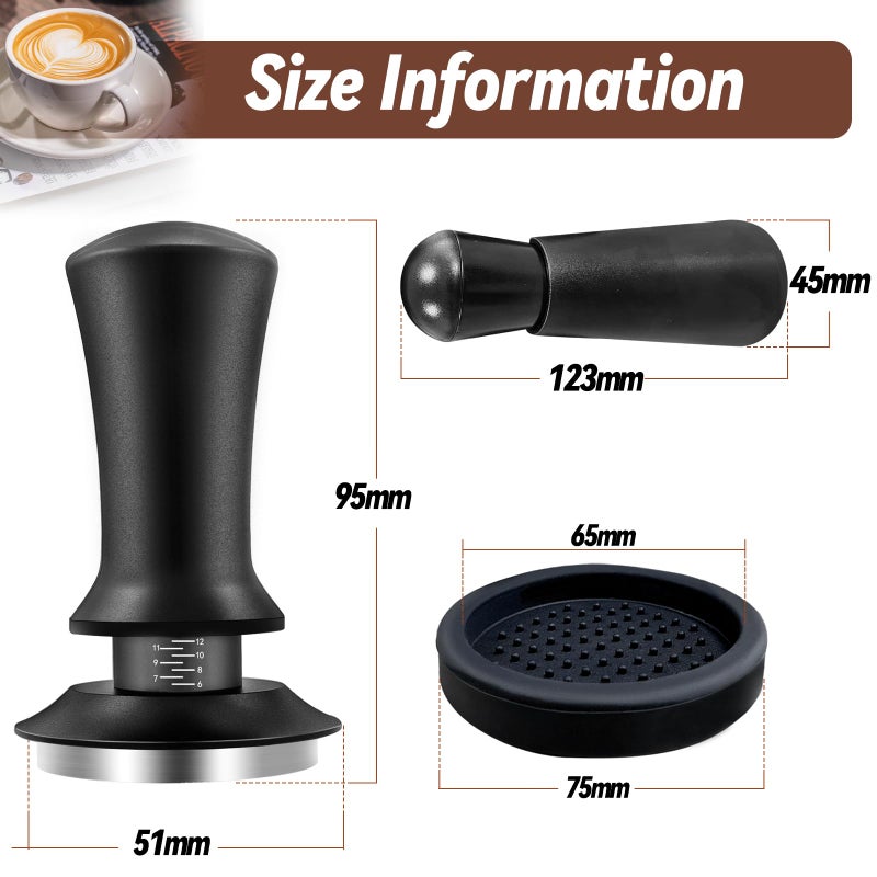 Yeelan Coffee Espresso Tamper 51mm with WDT Tool Calibrated Spring Loaded, Coffee Tamper with Silicone Tamper Mat,Black Espresso Distribution Tool,Stainless Steel Base Tamper for Espresso Coffee Machine - Image 2
