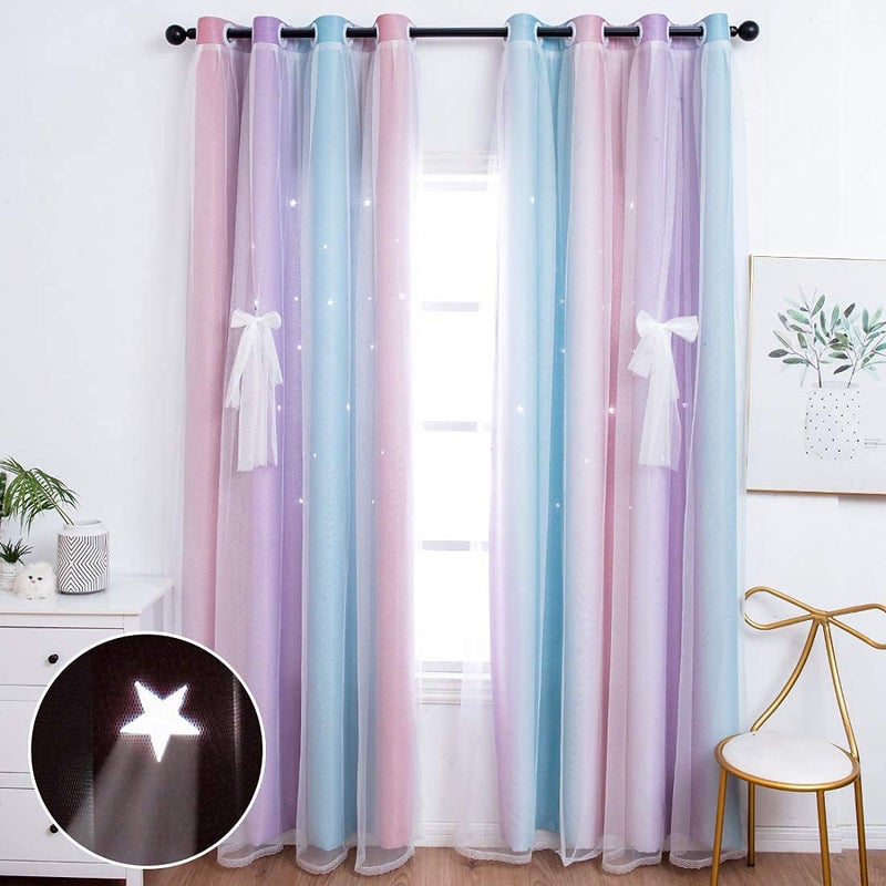 UNISTAR 2 Panels Star Blackout Curtains for Kids Girls Bedroom Aesthetic Living Room Colorful Double Layer Cut Out Stripe Pink and Purple Rainbow Window Home Decoration Curtain W42 x L63 Inches