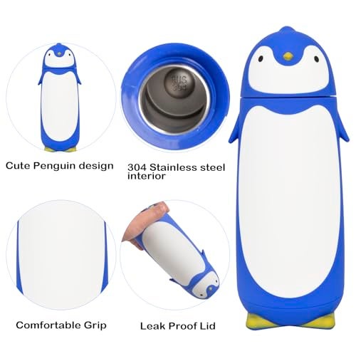 ChezMax Penguin Insulated Water Bottle - Stainless Steel Vacuum Double Walled Bottle Flask Travel Mug for Kids, Students, 9.6oz, Blue - Image 3