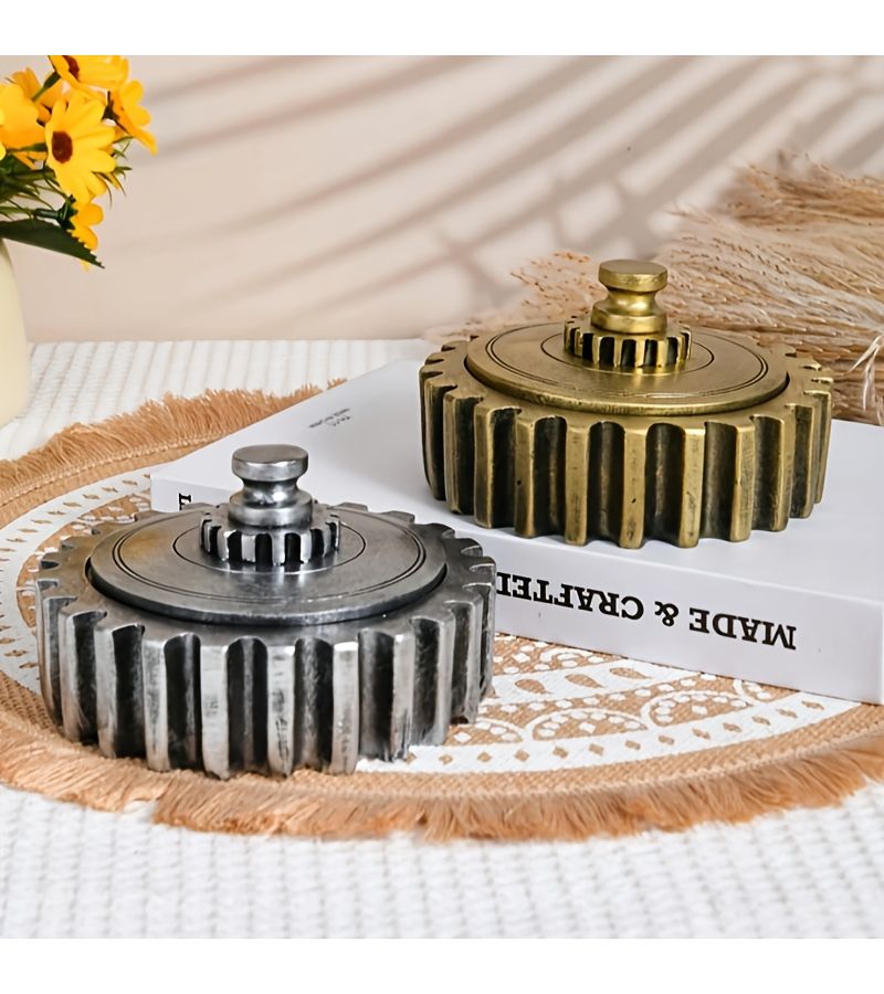 Silvery Gear Covered Ashtray Traditional Metal Design Home Office Decor - Image 2