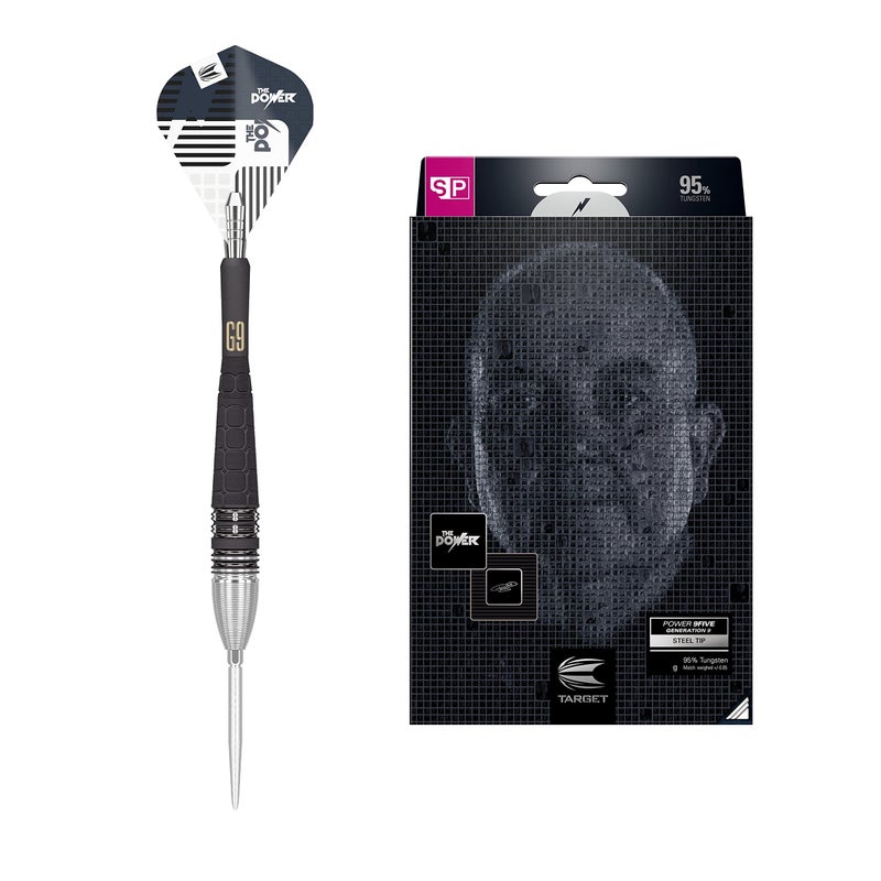 Target Darts Phil Taylor Power 9-Five Gen 9 22G 95% Tungsten Swiss Point Steel Tip Darts Set, Black and Silver (9FIVEGEN9STEEL) - Image 1