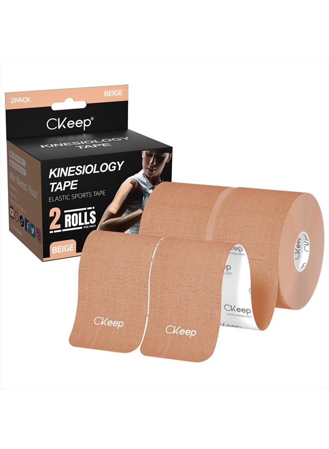 Ckeep Uncut Kinesiology Tape(2 Rolls), Original Cotton Elastic Premium Athletic Tape,Latex Free Hypoallergenic, 2inch x 16ft, Beige - Image 1