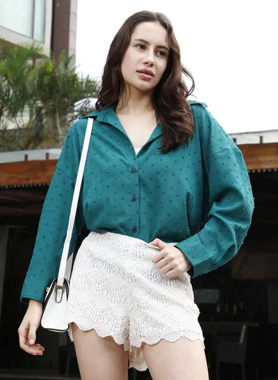 PINACOLADA Pinacolada Women's Teal Green Pom-Pom Textured Oversized Shirt | Spread Collar , Long Cuffed Sleeves , Button Closure | Solid Textured Material | Polyester Blend Shirt For Casual Wear