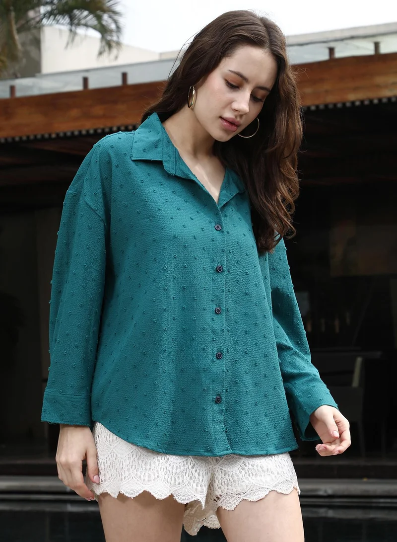 PINACOLADA Pinacolada Women's Teal Green Pom-Pom Textured Oversized Shirt | Spread Collar , Long Cuffed Sleeves , Button Closure | Solid Textured Material | Polyester Blend Shirt For Casual Wear