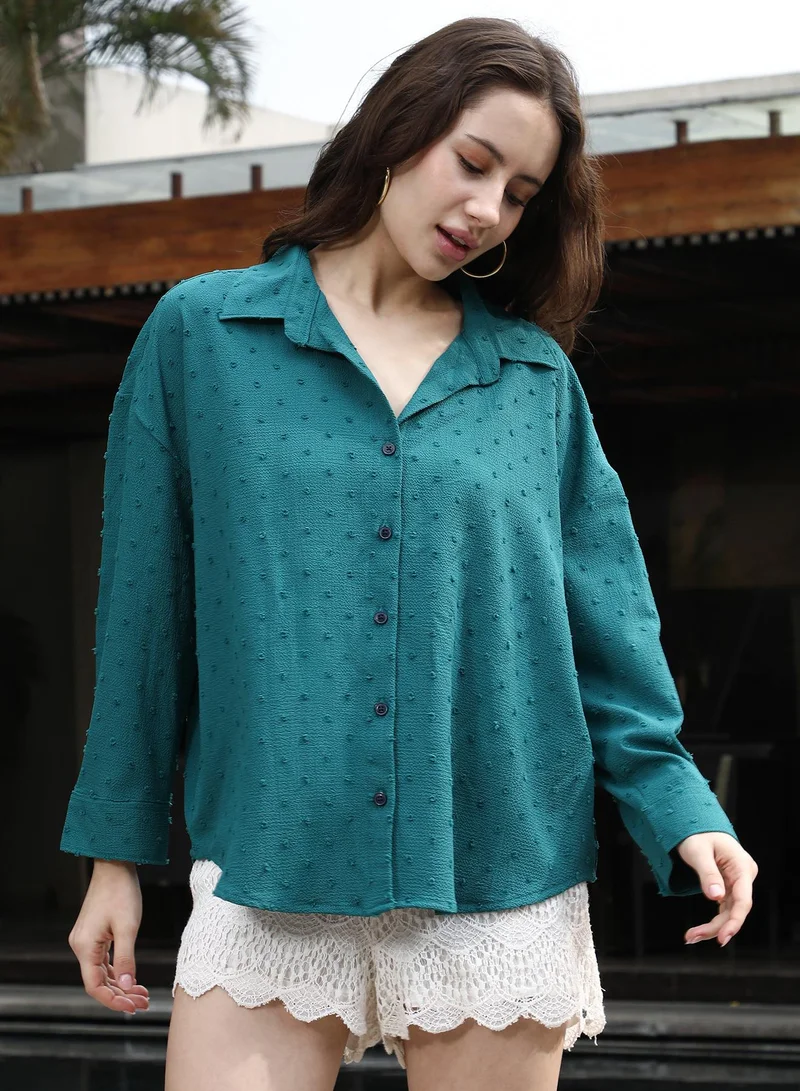 PINACOLADA Pinacolada Women's Teal Green Pom-Pom Textured Oversized Shirt | Spread Collar , Long Cuffed Sleeves , Button Closure | Solid Textured Material | Polyester Blend Shirt For Casual Wear