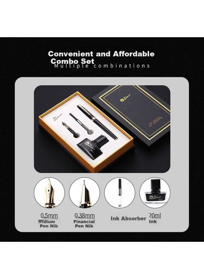 Pimio Fountain Pen Gift Box Ink Set, Dual Nib 0.5mm/0.38mm, Adult Student Calligraphy Practice Pen, T717 Bright Black With Gold Clip - Image 1