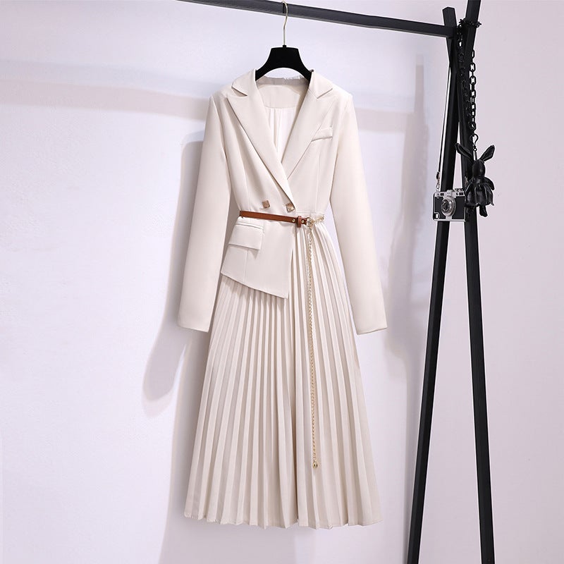 Spring 2023 New Korean Style All-match Casual Lapel Skirt Fake Two-piece Jacket Pleated Skirt Suit Dress for Women Apricot