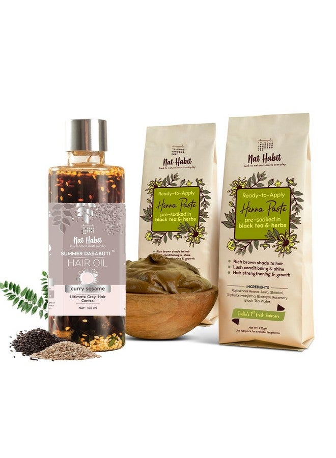 Nat Habit Ready-To-Apply Henna Paste & Curry Sesame Hair Oil For Hair Growth & Conditioning With Rich Dark Brown Color (2 X 220G And 100Ml) Combo Pack Of 3 - Image 1