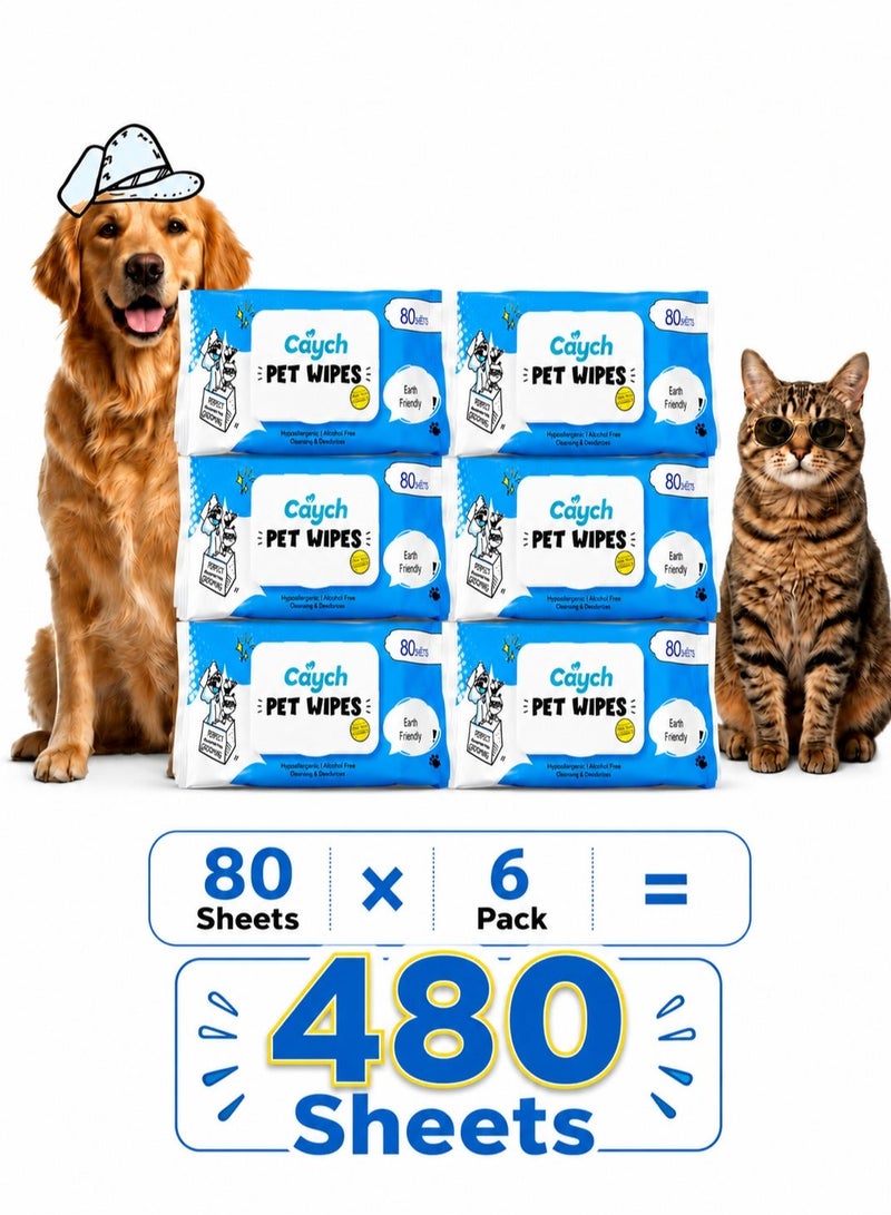 CAYCH Pet Wipes 80 x 6 - 480 Sheets for Dogs and Cats Antibacterial Hypoallergenic Grooming Wipes Deodorizing Eco Friendly Cleaning Wipes for Paws Body Eyes Ears and Daily Use - Image 1