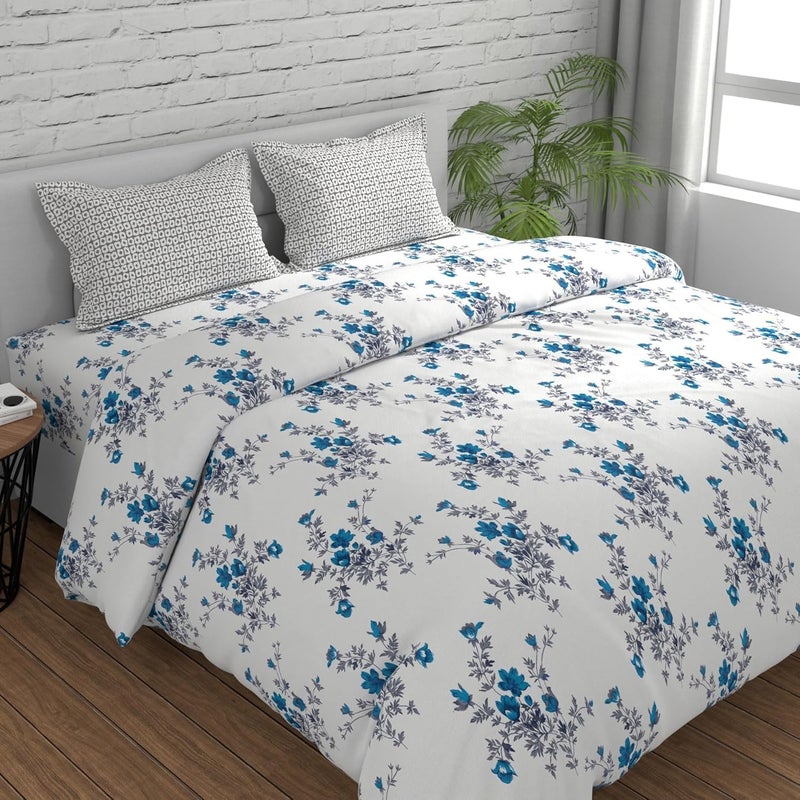 HUESLAND HUESLAND by Ahmedabad Cotton 144 TC Cotton Bedsheets for Double Bed with 2 Pillow Covers White Cyan Blue Grey  - Image 1