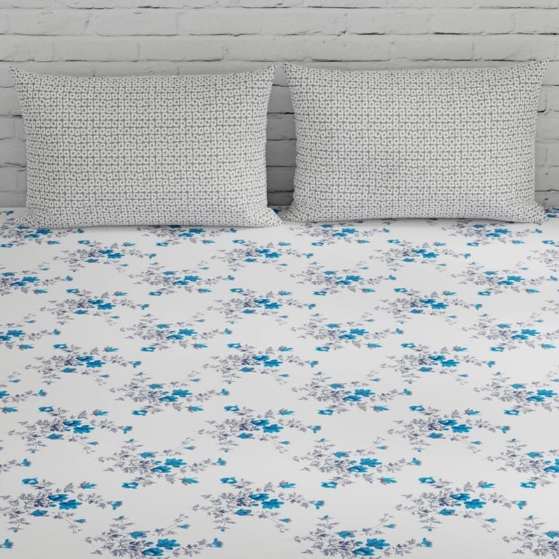 HUESLAND HUESLAND by Ahmedabad Cotton 144 TC Cotton Bedsheets for Double Bed with 2 Pillow Covers White Cyan Blue Grey  - Image 4