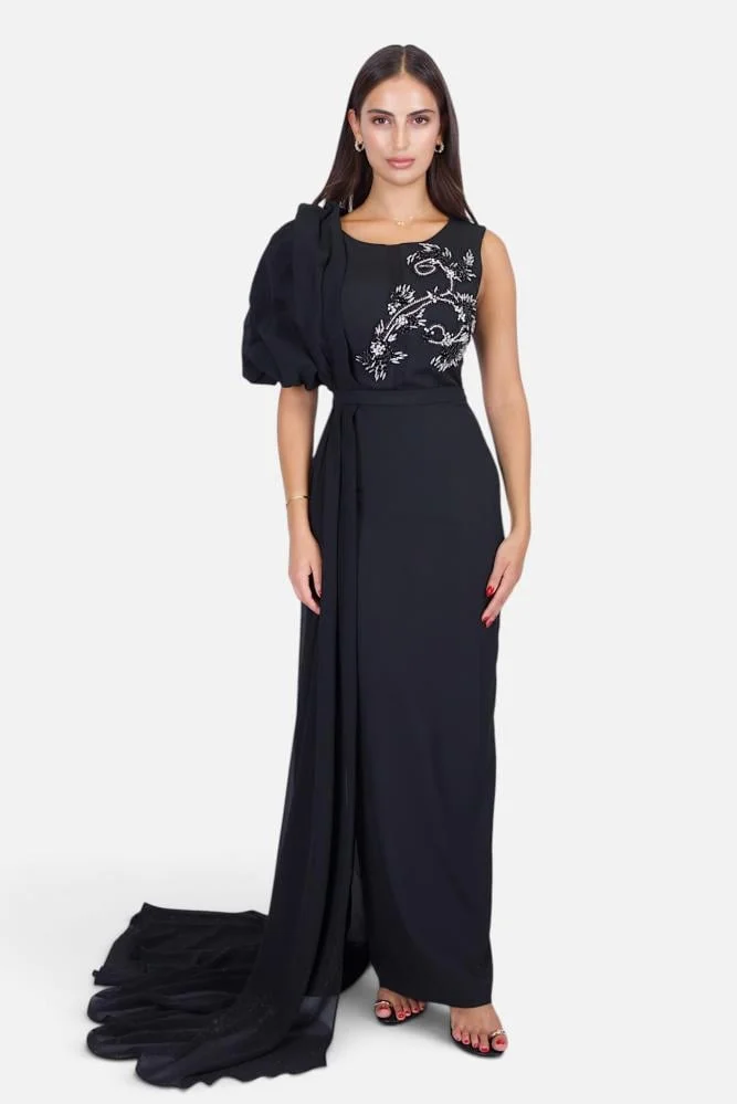 Opera Fashion Black Embroidered One-Sleeve Evening Gown