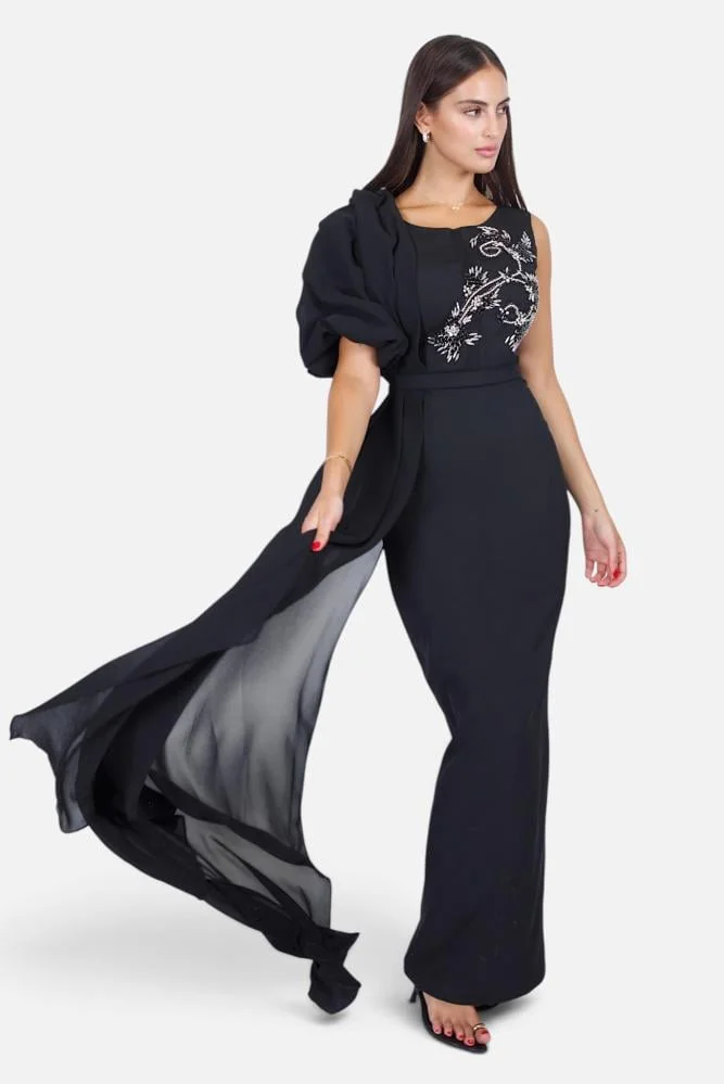 Opera Fashion Black Embroidered One-Sleeve Evening Gown