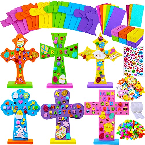 Winlyn 18 Sets Easter Cross Decorations Craft Kits Assorted Cross Foam Cutouts Egg Bunny Chick Foam Stickers Pompoms for Kids Classroom Sunday School VBS Activity Art Project - Image 1