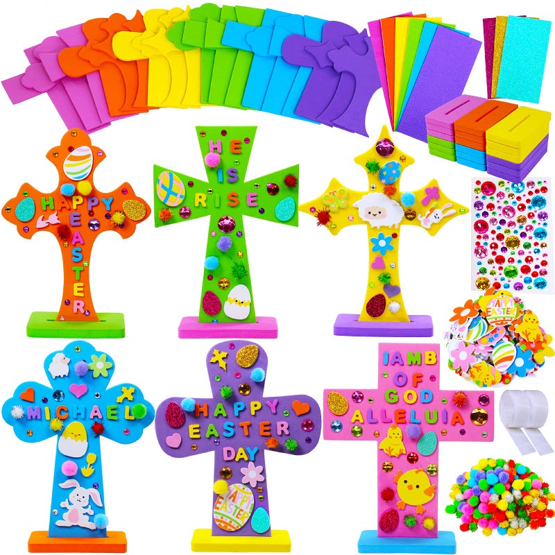 Winlyn 18 Sets Easter Cross Decorations Craft Kits Assorted Cross Foam Cutouts Egg Bunny Chick Foam Stickers Pompoms for Kids Classroom Sunday School VBS Activity Art Project - Image 3