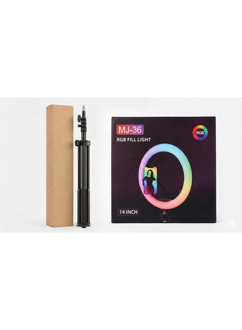 رنج لايت ملون RGB مقاس 14 بوصة مع ستاند حامل ثلاثي وقاعدة جوال مرنة لصناعة المحتوى والبث المباشر - موديل MJ-36 - Image 1