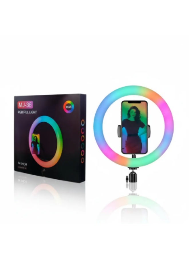 رنج لايت ملون RGB مقاس 14 بوصة مع ستاند حامل ثلاثي وقاعدة جوال مرنة لصناعة المحتوى والبث المباشر - موديل MJ-36 - Image 3