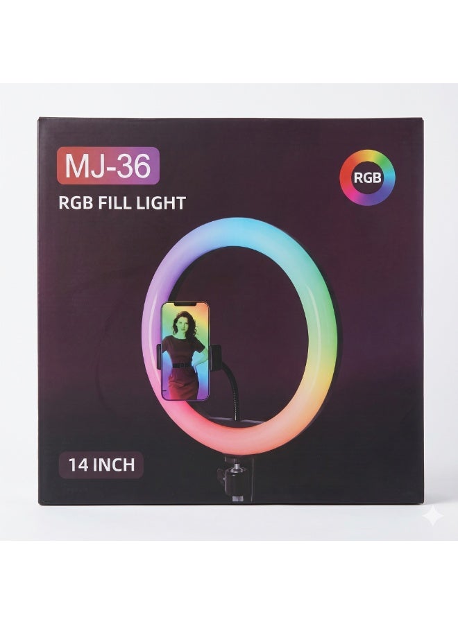 رنج لايت ملون RGB مقاس 14 بوصة مع ستاند حامل ثلاثي وقاعدة جوال مرنة لصناعة المحتوى والبث المباشر - موديل MJ-36 - Image 5