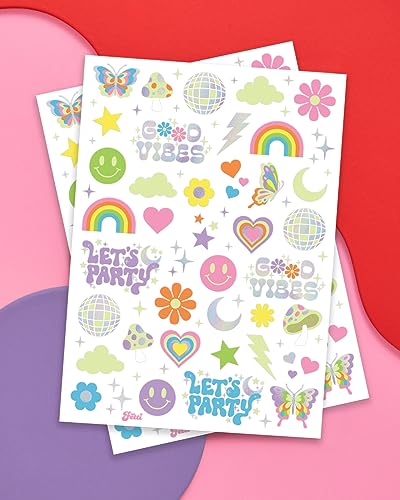xo, Fetti Groovy Disco Glow in Dark + Foil Temporary Tattoos - 82 pc | Flower Power Birthday Party Supplies, Rave Bachelorette Party Favors, Smiley Decorations, Y2K, Rainbow Arts and Crafts - Image 2
