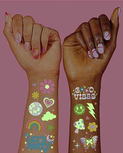 xo, Fetti Groovy Disco Glow in Dark + Foil Temporary Tattoos - 82 pc | Flower Power Birthday Party Supplies, Rave Bachelorette Party Favors, Smiley Decorations, Y2K, Rainbow Arts and Crafts - Image 3