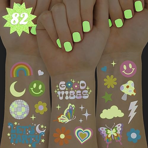 xo, Fetti Groovy Disco Glow in Dark + Foil Temporary Tattoos - 82 pc | Flower Power Birthday Party Supplies, Rave Bachelorette Party Favors, Smiley Decorations, Y2K, Rainbow Arts and Crafts - Image 1