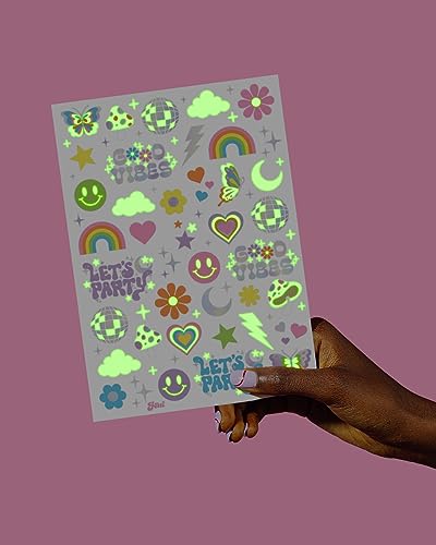 xo, Fetti Groovy Disco Glow in Dark + Foil Temporary Tattoos - 82 pc | Flower Power Birthday Party Supplies, Rave Bachelorette Party Favors, Smiley Decorations, Y2K, Rainbow Arts and Crafts - Image 5