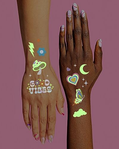xo, Fetti Groovy Disco Glow in Dark + Foil Temporary Tattoos - 82 pc | Flower Power Birthday Party Supplies, Rave Bachelorette Party Favors, Smiley Decorations, Y2K, Rainbow Arts and Crafts - Image 4